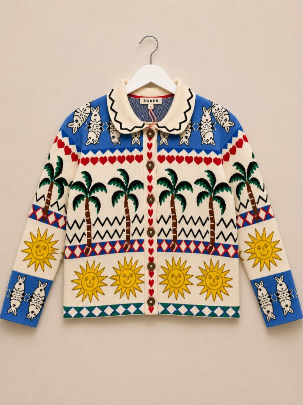 Boden Whimsical Tropical Sun Palm Tree Button Front Knit Cardigan Shacket S NWT - Picture 2 of 7